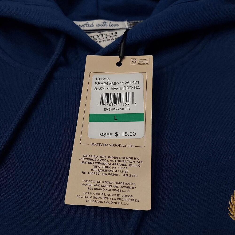 Scotch & Soda Embroidered Graphic Relaxed Fit Fleece Hoodie Blue Men's Size L - Picture 5 of 5